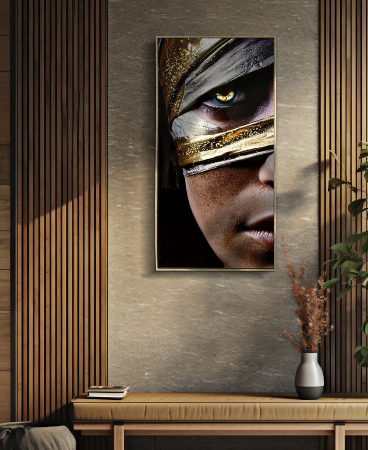 Dipinto su tela laccato Nairobi 52x4x102 cm esposto in soggiorno moderno, decorazione da parete elegante con cornice dorata FERRETTI.