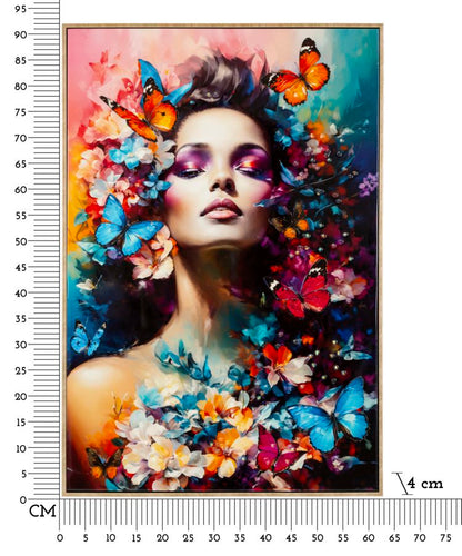 Misure del dipinto su tela laccato Marty con cornice: 62x4x92 cm, decorazione da parete con soggetto femminile e farfalle multicolore.