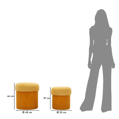 Dimensioni dei pouf contenitore Aspen senape Ø42x44 cm e Ø35x37 cm, set 2 pezzi salvaspazio con design compatto