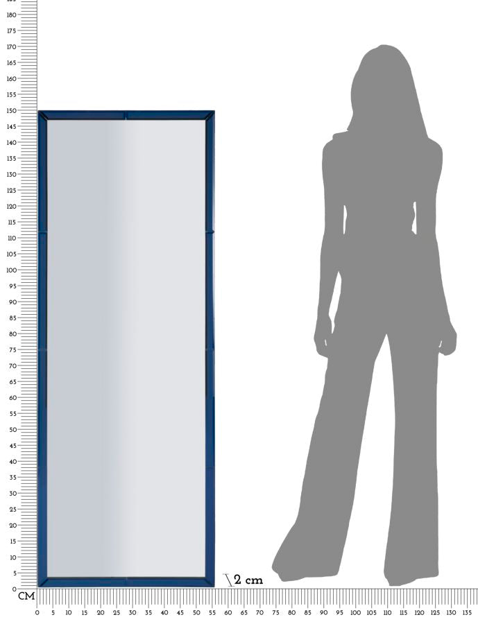 Specchio da parete Berlino blu con silhouette per confronto dimensioni, misura 55x2x150 cm, ideale per spazi ampi e luminosi.