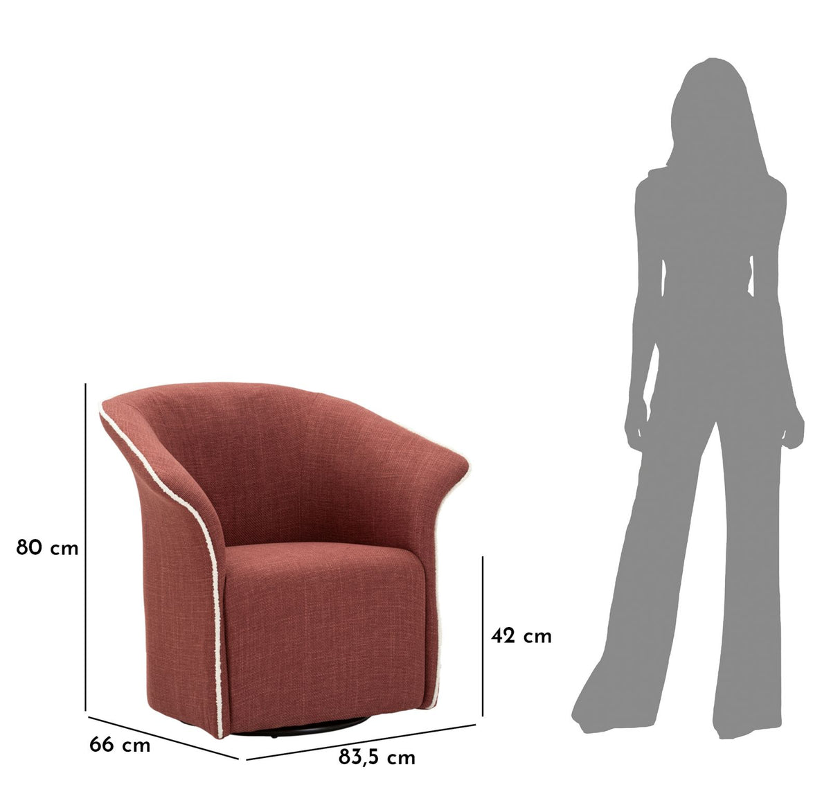 Poltrona Girevole Siena Bordeaux con misure 83,5x66x80 cm accanto a figura umana per scala dimensionale.