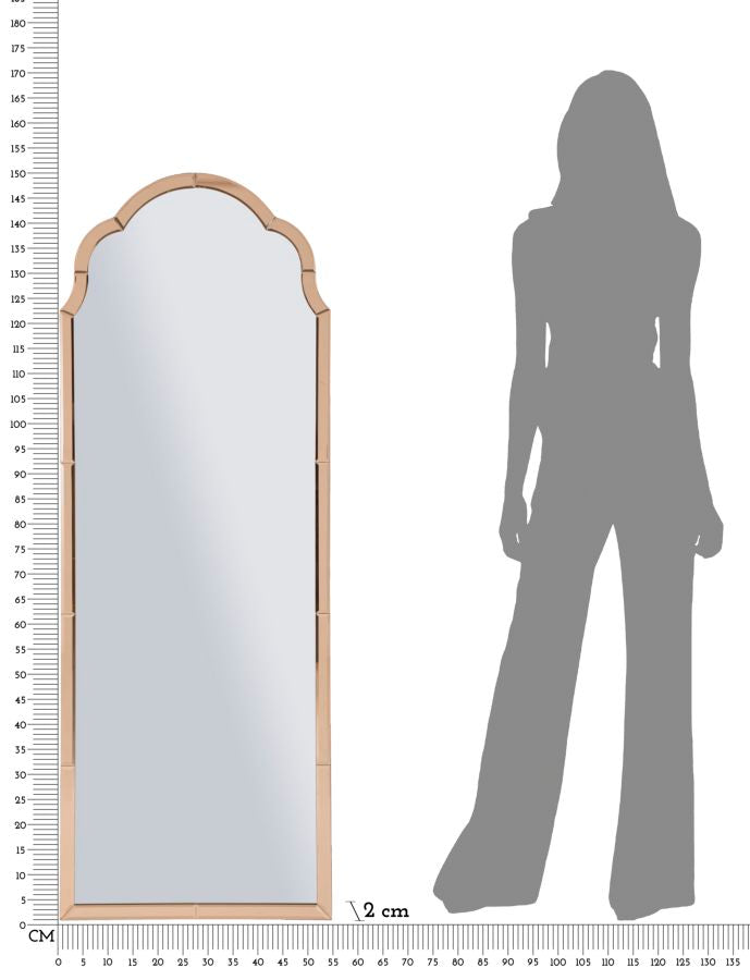 Specchio da muro Tangeri rosa 55x2x150 cm a confronto con silhouette umana, ideale per camere e ingressi eleganti.