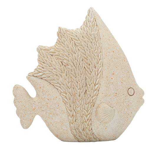 Statua decorativa a forma di pesce in resina con dettagli di scaglie e conchiglie, colore beige con sfumature arancioni, dimensioni 16,7x6,5x16,8 cm