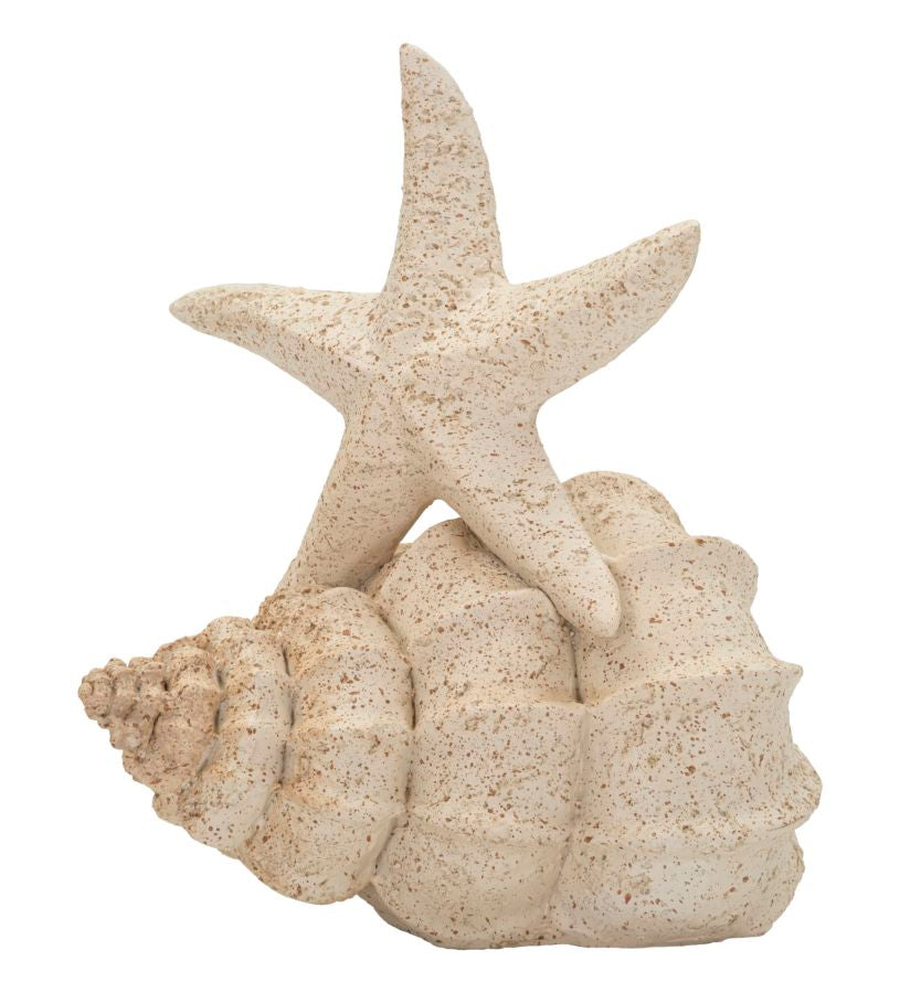 Statua decorativa a forma di stella marina e conchiglia in resina color sabbia, ideale per decorazioni marittime, dimensioni 18x13x21,2 cm - SKU: 0120510000