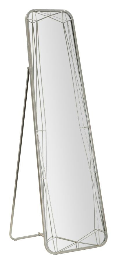Specchio da terra con cornice in metallo argentato, design geometrico sottile, ideale per interni moderni, dimensioni 43x150 cm