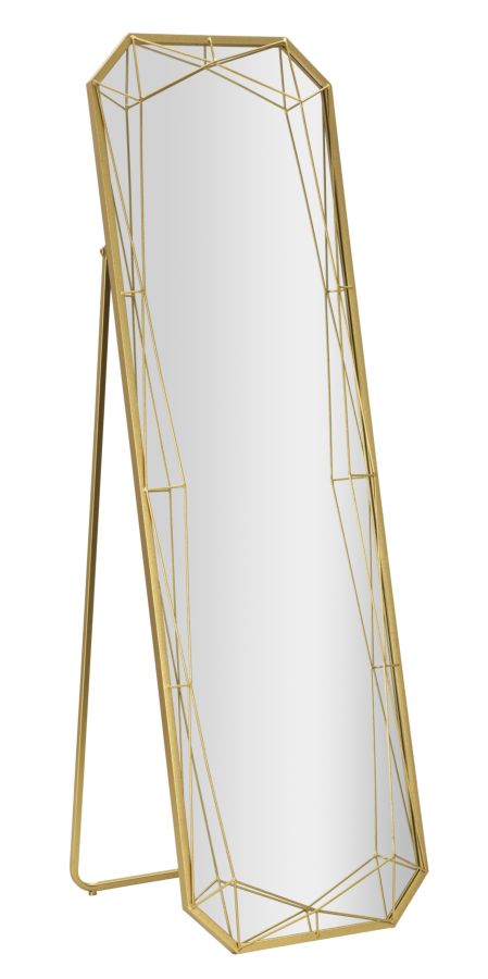 Specchio da terra con cornice dorata e design geometrico intrecciato, misura 43x150 cm, stile glamour ed elegante per ambienti moderni