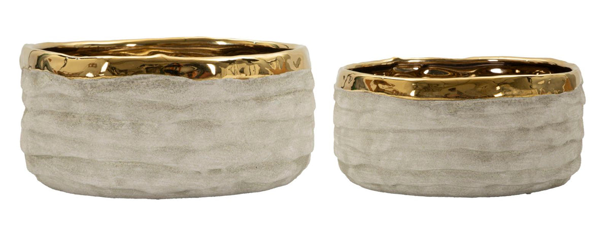 Coppia di cachepot in ceramica con texture naturale e dettagli dorati, forma rotonda, altezza 10,5 e 8,5 cm, ideale per decorazioni eleganti