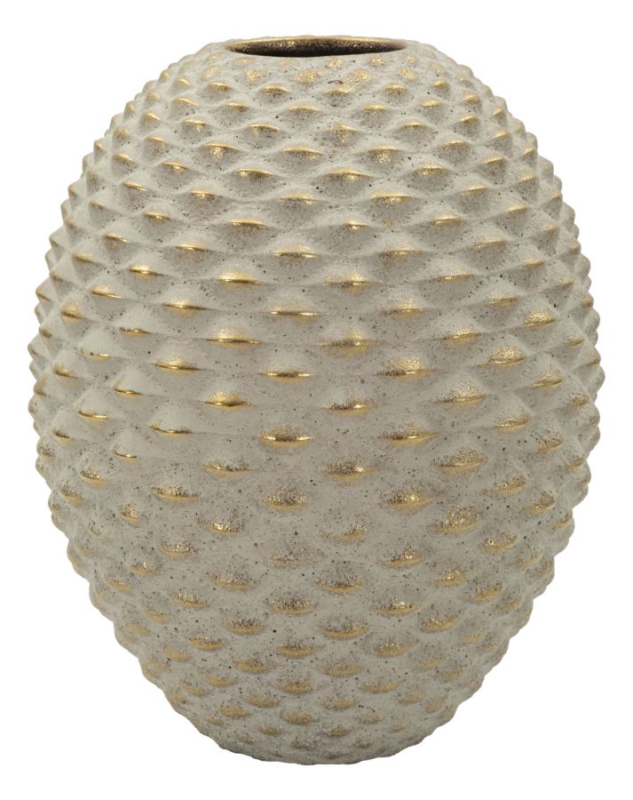 Vaso pepipas ball in ceramica con superficie decorativa a rilievo, colore beige con dettagli dorati, diametro 23,5 cm, altezza 28,5 cm, apertura 7 cm, design prezioso per decorare ambienti interni