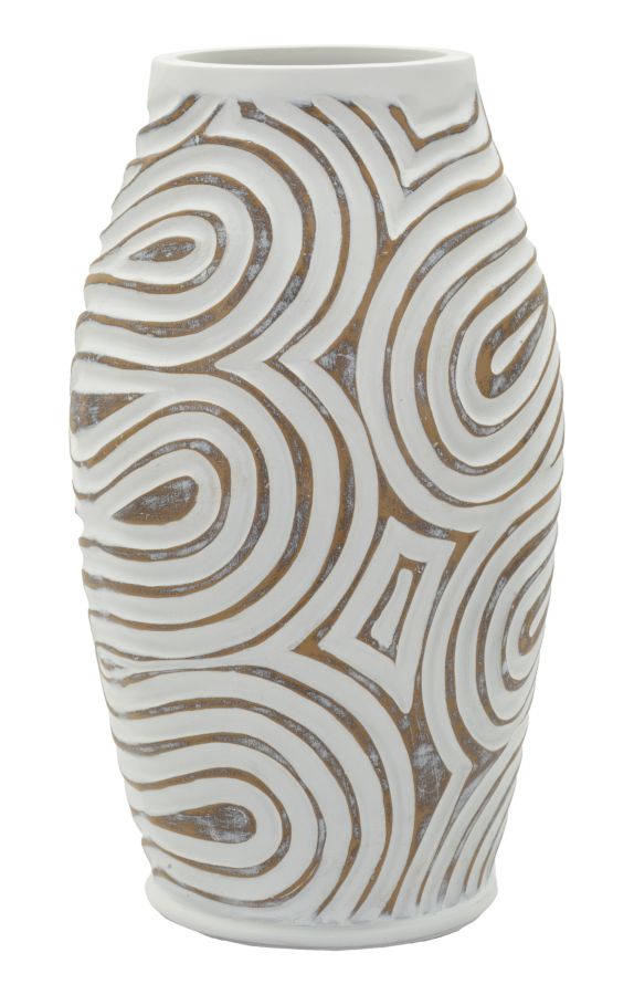 Vaso in poliresina con decorazioni a spirale in bianco e marrone, forma compatta e raffinata, diametro 19,5 cm, altezza 35 cm, apertura 10,5 cm