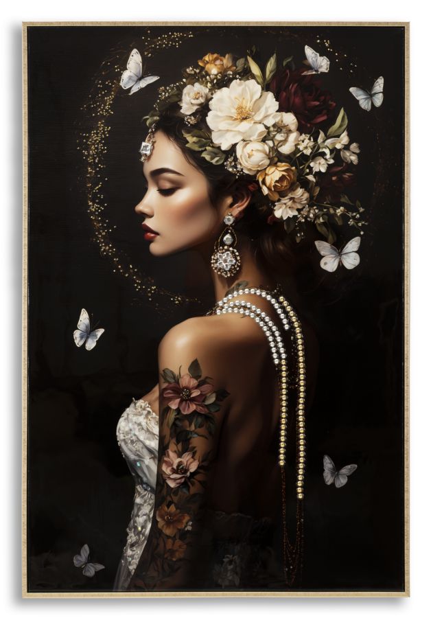 Stampa dipinta su tela laccata persian con donna elegante, fiori, farfalle, gioielli e cornice in legno di pino, dimensioni 62x92 cm