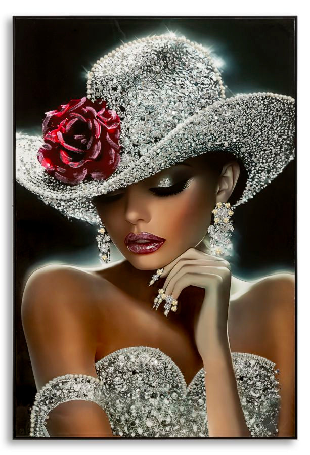 Stampa dipinta su tela laccata Orleans con donna elegante in cappello decorato con cristalli, gioielli e abito brillante, stile glamour