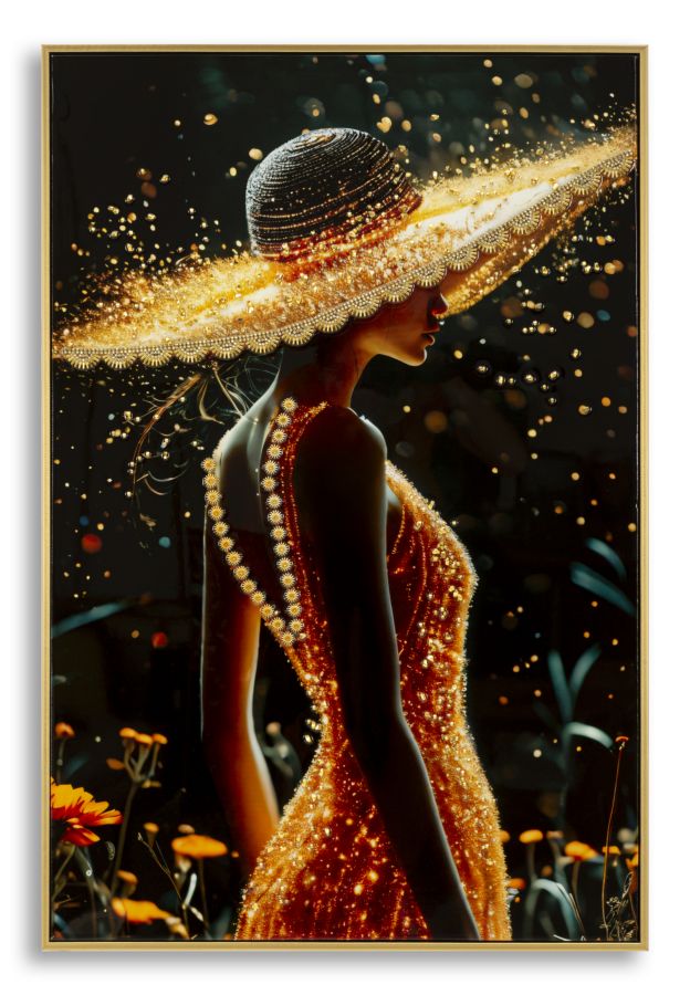 Stampa decorata su tela con donna in abito dorato e cappello luminoso, cornice illuminata in legno di pino, dimensioni 62x3,5x92 cm