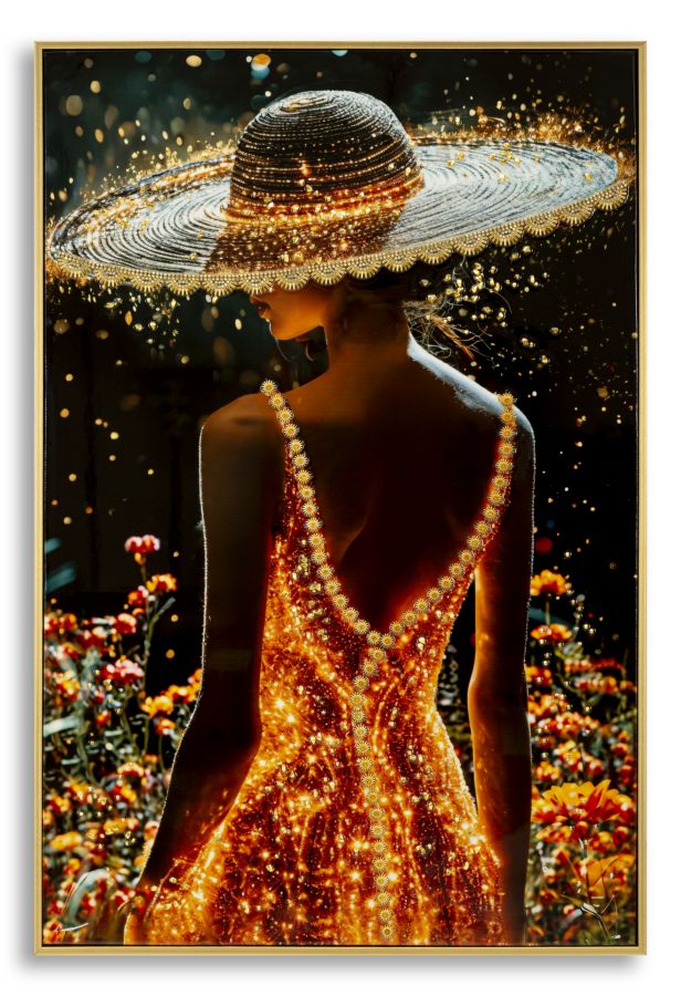 Stampa decorata su tela laccata con cornice illumy, figura femminile con cappello a tesa larga e abito luminoso, sfondo di fiori colorati, dimensioni 62x3,5x92 cm, legno di pino.