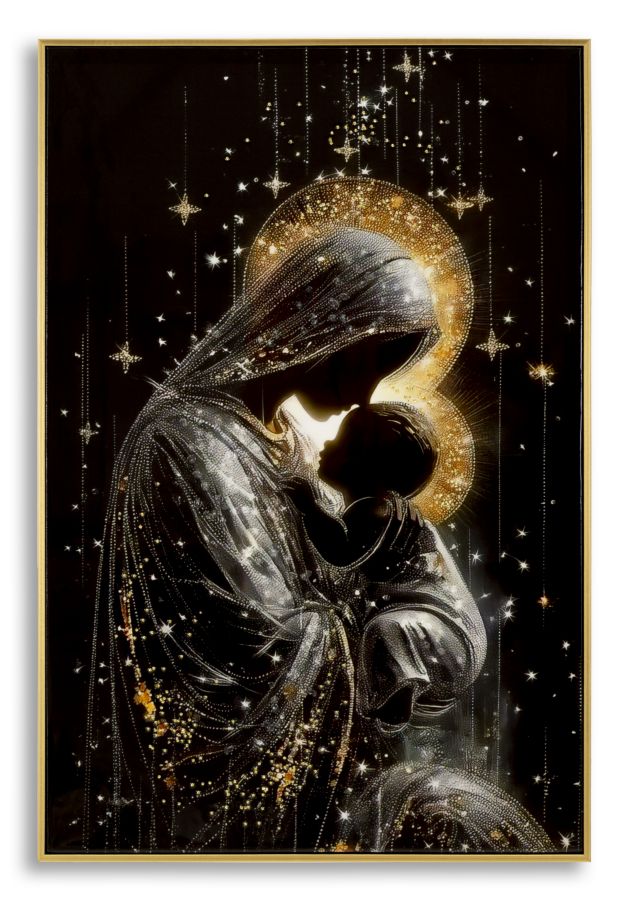 Stampa decorata su tela laccata con cornice maternity, immagine di Madonna e bambino in stile luminoso con dettagli dorati e stelle, dimensioni 60x3.5x90 cm - SKU: 032630000B