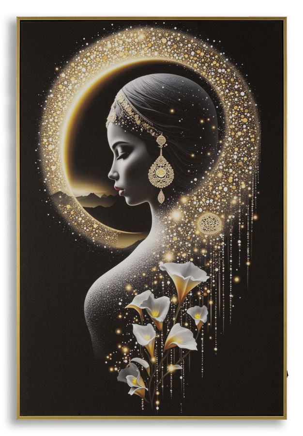 Stampa led su tela laccata con donna elegante, orecchini dorati, sfondo con luna e fiori bianchi, cornice in legno indiana, SKU: 0326350000