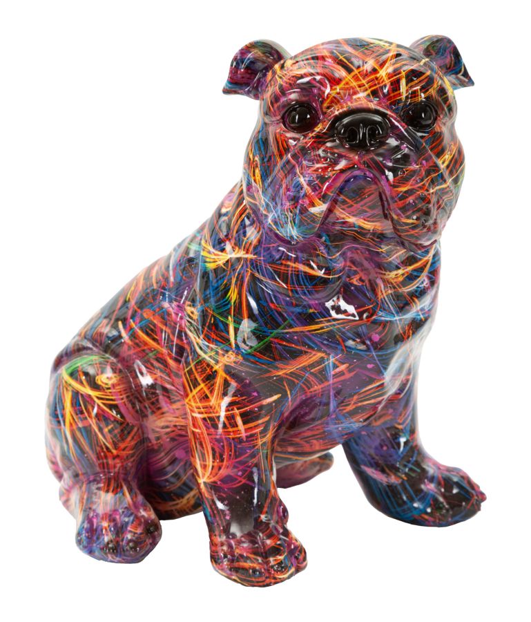 Statua decorativa di un bulldog con design astratto e colori vivaci, realizzata in polyresin, perfetta per decorazioni moderne e originali.