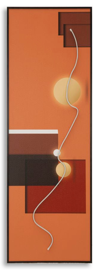 Stampa astratta con LED su tela lunga 150 cm, con sfondo arancione e dettagli geometrici in marrone e rosso, decorazione moderna
