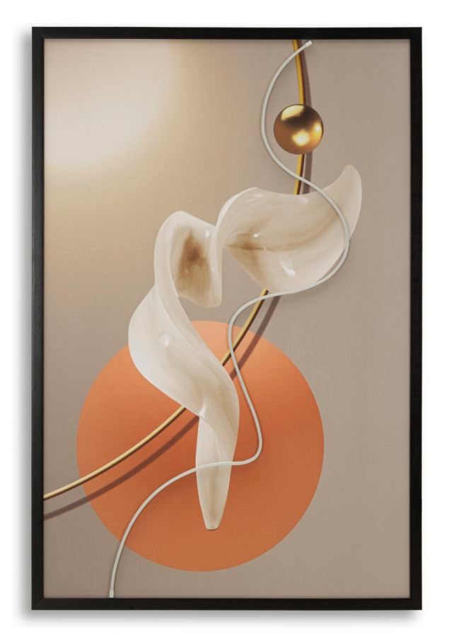 Stampa con LED su tela astratta, forma scultorea in plastica e MDF, colori neutri con dettagli dorati, decorazione moderna per parete