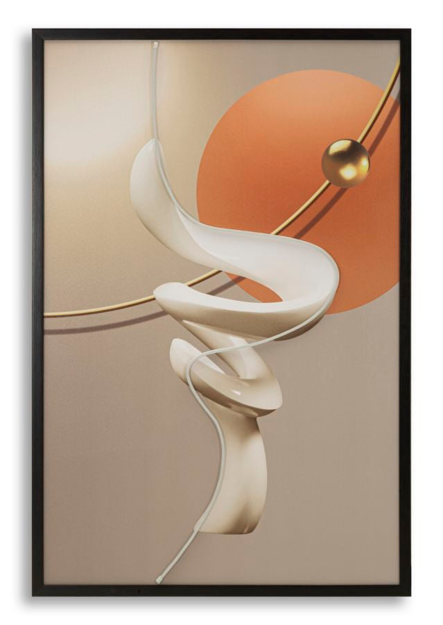 Stampa astratta su tela con LED, forma scultorea bianca, sfondo beige con cerchio arancione e sfera dorata, decorazione moderna e originale