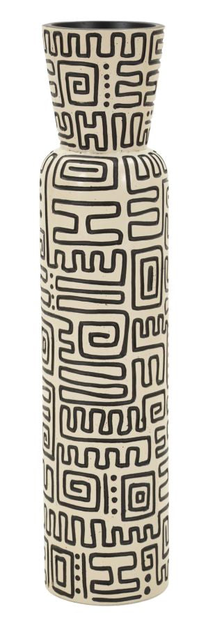 Vaso decorativo in resina bianca con motivi geometrici neri, altezza 65 cm, diametro 15,5 cm, design lineare e moderno, ideale per arredo.