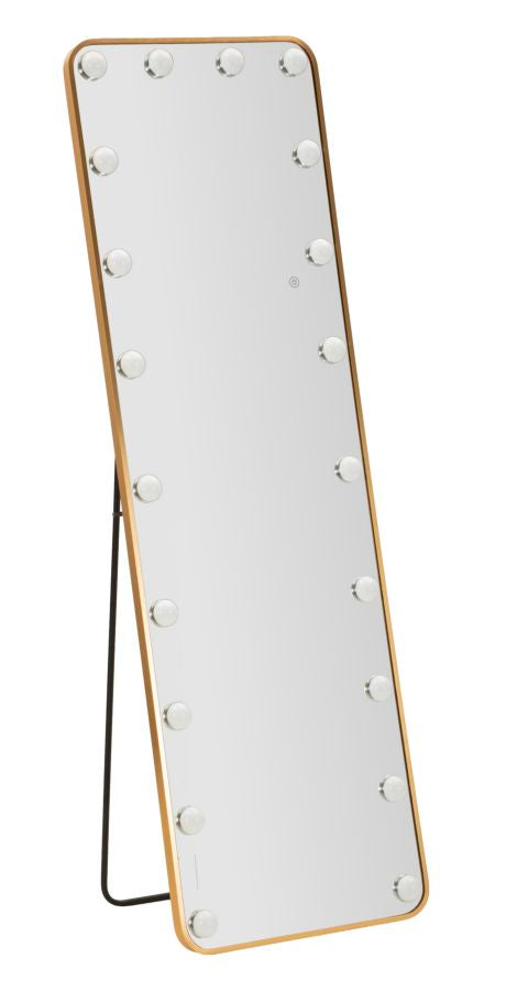 Specchio da terra con cornice in legno chiaro, grande superficie rettangolare e luci a LED con 12 lampadine, ideale per ambienti di trucco e moda