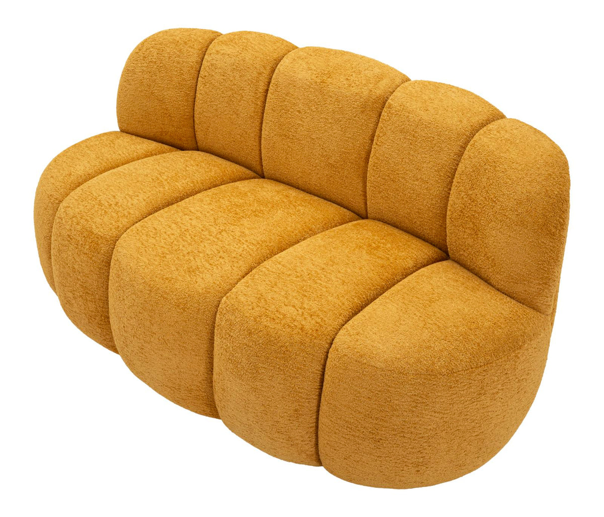 Divanetto in tessuto giallo senape con forma rotonda e morbida, ideale per salotti moderni, dimensioni 145x80x69 cm.