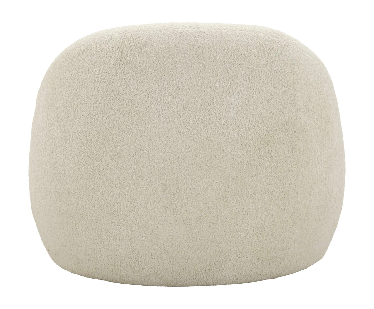 Angolo della poltrona Ginevra Bianca con rivestimento in tessuto bouclé, forma rotonda e confortevole, perfetta per soggiorno o zona relax