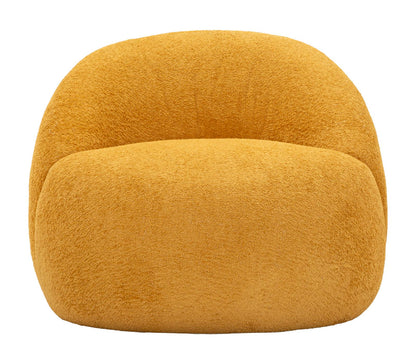 Poltrona girevole in tessuto bouclé senape con struttura in legno, design moderno e confortevole, dimensioni 81x78x64 cm