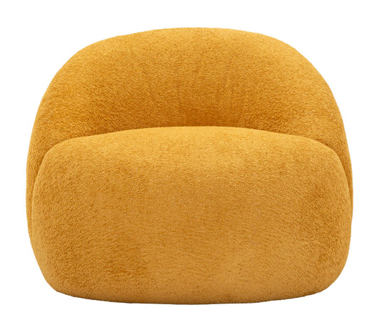 Poltrona girevole in tessuto bouclé senape con struttura in legno, design moderno e confortevole, dimensioni 81x78x64 cm