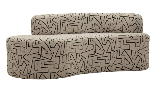 Divanetto moderno con rivestimento beige e disegno astratto nero, struttura in legno compensato, spugna e poliestere, ideale per salotto elegante