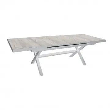 Tavolo Djerba estensibile 200/260 x 100 cm con struttura in alluminio bianco e piano in ceramica effetto legno chiaro, perfetto per terrazze.