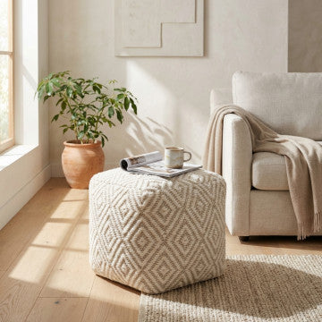 Pouf quadrato in lana avorio, dimensioni 40x40x40 cm, peso 2,24 kg