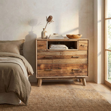 Cassettiera 4 cassetti 1 ripiano legno pino riciclato 110x48x92cm