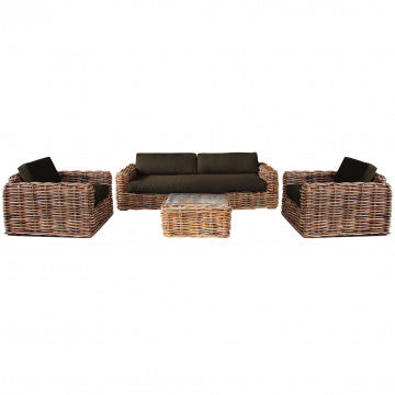 Salotto 3 posti in rattan naturale con struttura in legno e cuscini