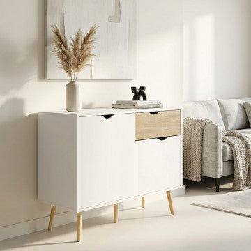Mobile con 1 anta e 2 cassetti in legno bianco e naturale 99x39x82 cm