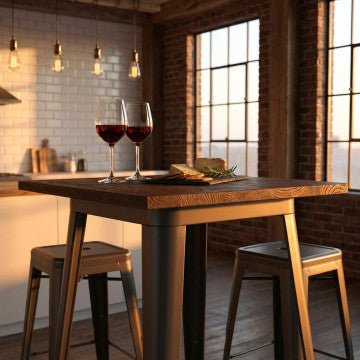 Tavolino alto con piano in legno e struttura in acciaio 60x60x103 cm