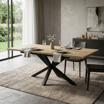 Tavolo allungabile piano melamina con venature struttura metallo nero 160/200x90