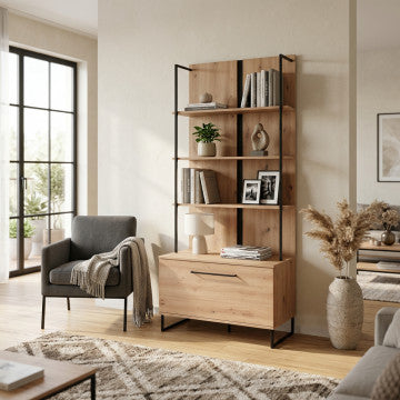 Vetrina in truciolare bilaminato e metallo, rovere chiaro, 85x42x191,5 cm