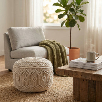 Pouf Milas in cotone bianco, peso 4 kg, struttura imbottita