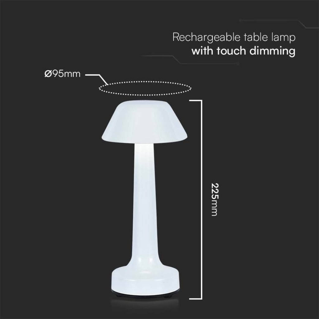 Lampada LED da tavolo V-Tac ricaricabile con dimmer touch, altezza 225mm e diametro 95mm, perfetta per illuminazione decorativa e funzionale.