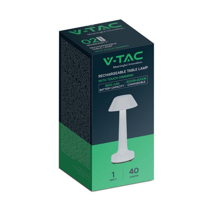 Confezione della V-Tac Lampada LED da Tavolo 1W USB-C Touch Dimmerabile Bianca con specifiche tecniche e design compatto.