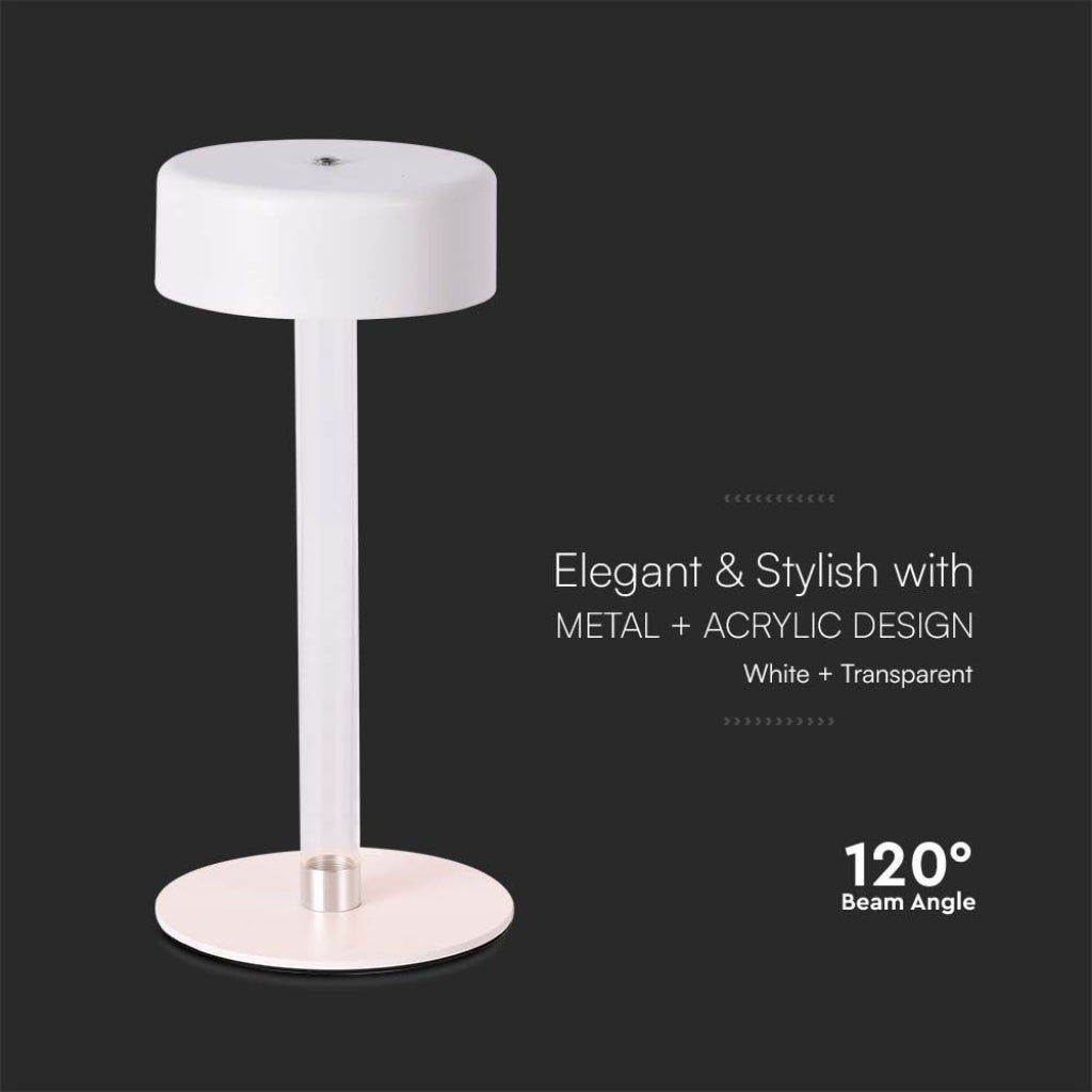 Lampada LED da tavolo V-Tac 3W con angolo di fascio di 120°, design elegante in bianco e trasparente, ideale per ambienti moderni.