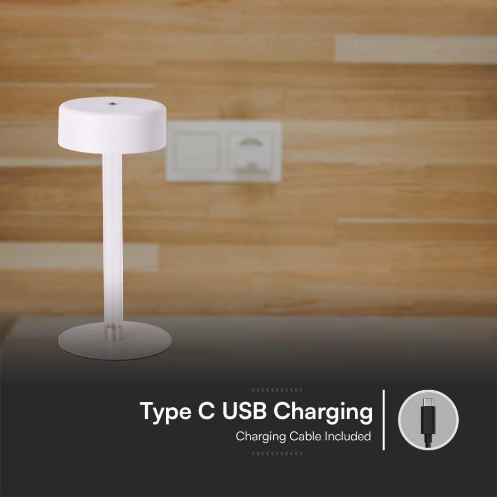 Lampada da tavolo V-Tac LED 3W con ricarica USB-C, cavo incluso, perfetta per uso domestico e ufficio grazie alla sua portabilità.