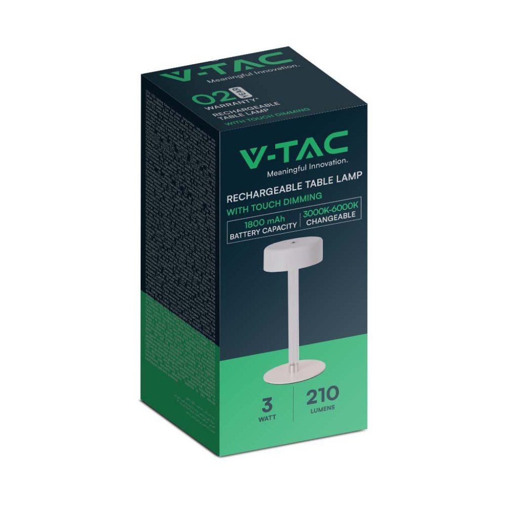Confezione della V-Tac Lampada LED da Tavolo 3W USB-C Touch Dimmerabile Bianca con specifiche tecniche e capacità batteria da 1800mAh.