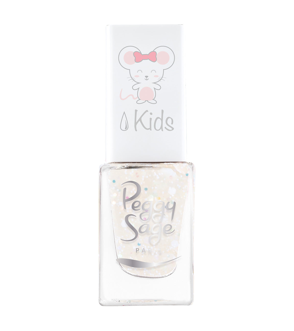 Smalto per unghie bambini Peggy Sage bianco con glitter iridescenti, confezione con illustrazione di topo rosa e fiocco, ideale per cura delle unghie dei più piccoli