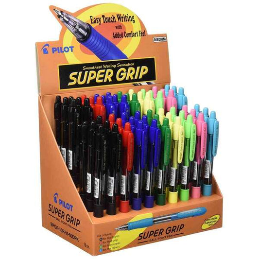 Pilot Espositore di 60 Penne a Sfera Retrattili SuperGrip - Punta Tonda 1.0mm - Tratto 0.27mm - Inchiostro a Olio - Grip Ergonomico - Colori Assortiti