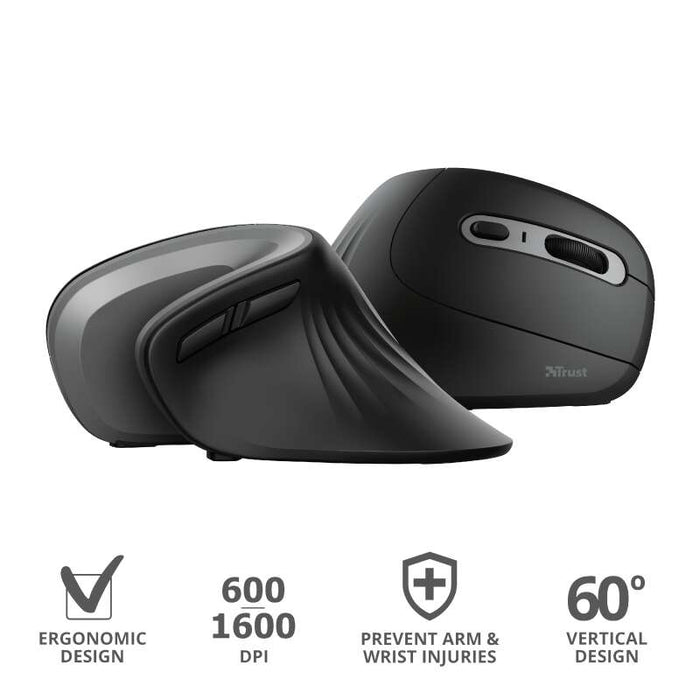 Trust Verro Mouse Wireless USB 1600dpi - 5 Pulsanti - Design Ergonomico - Angolo Verticale 60º - Colore Nero