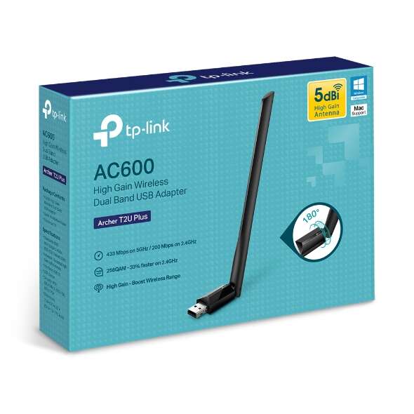 TP-LINK Archer T2U Plus AC600 Adattatore USB Wireless Ad Alto Guadagno Dual Band - Wi-Fi Alta Velocità - Dual Band Wireless - Antenna Alto Guadagno Rotazione 180° - Compatibile con gli Ultimi Sistemi