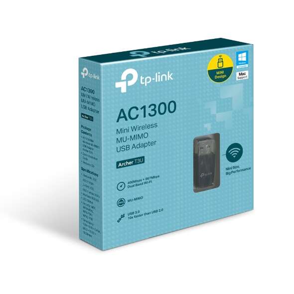 TP-LINK Archer T3U Mini Adattatore USB Wireless MU-MIMO AC1300 - Colore Nero - Alta Velocità