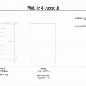 Cassettiera MDF 4 cassetti 70x41x112 cm colore titanio e quercia bianco
